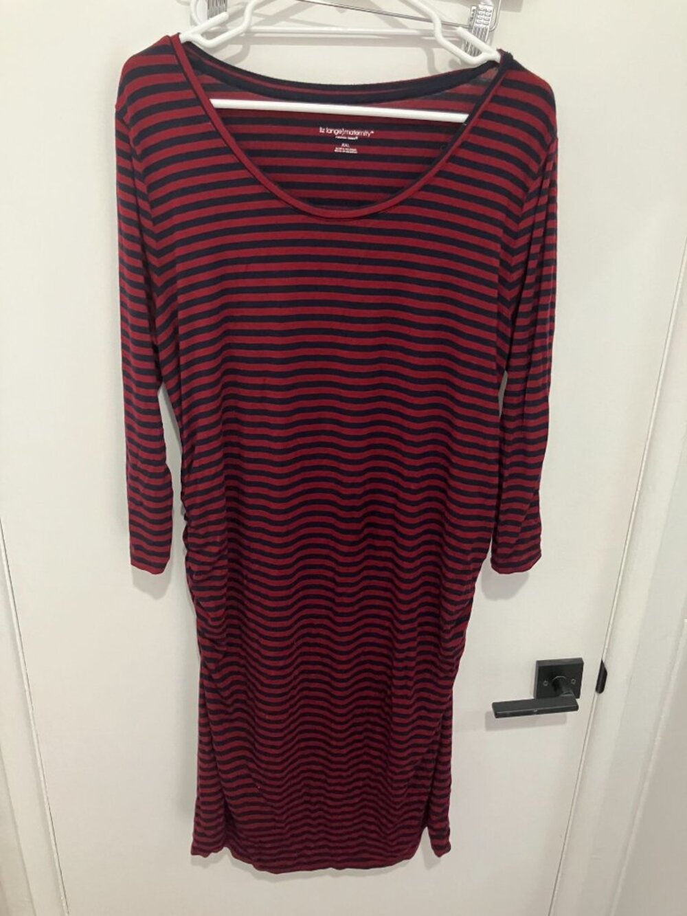 Liz Lange Maternity Target Striped Tee Dress Ruched 3/4 Sleeve Red Navy XXL